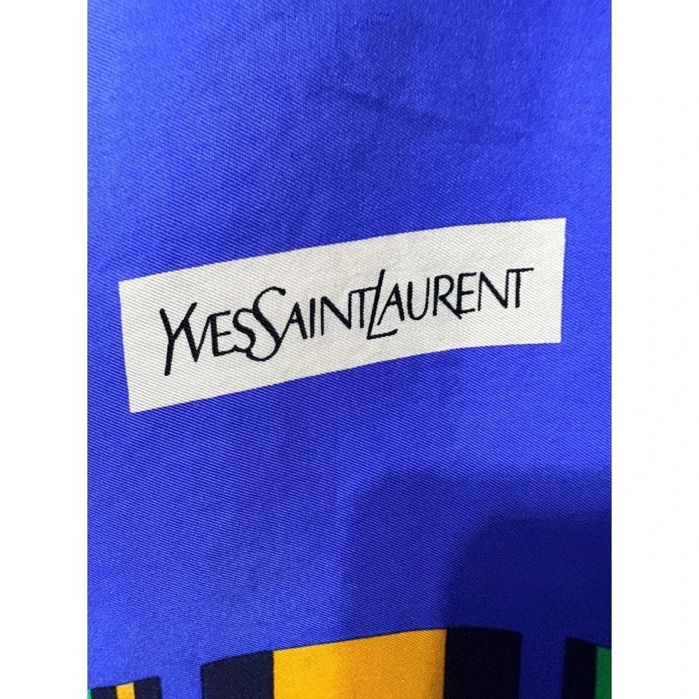 Vintage Yves Saint Laurent Silk Scarf Blue Striped Geometric Square 34in